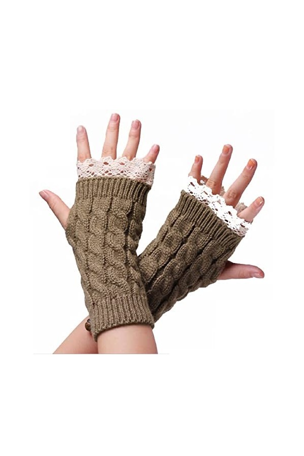 Gants Gants Longs Hiver Femme Chaud Tricoté Demi Doigt Gants Kaki