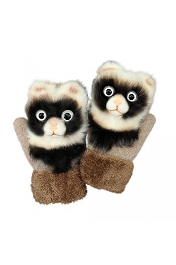 Tuelaly 1 paire de gants épais pour femme, motif animal de dessin animé 3D, gants chauds, doublés en polaire, moufles pour l