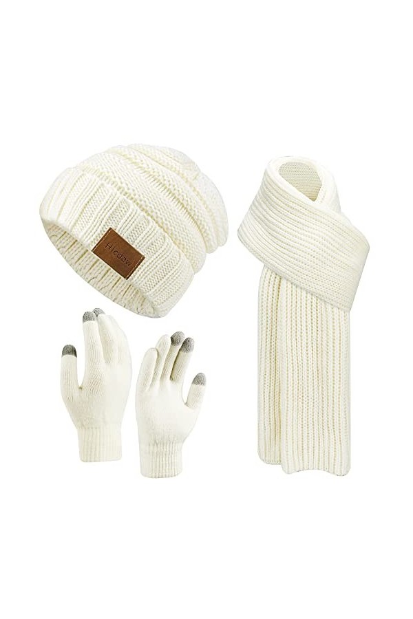 Hicdaw Lot de 3 bonnets, gants et écharpes dhiver pour femme, bonnet, longue écharpe, doublure en polaire, gants tactiles, b