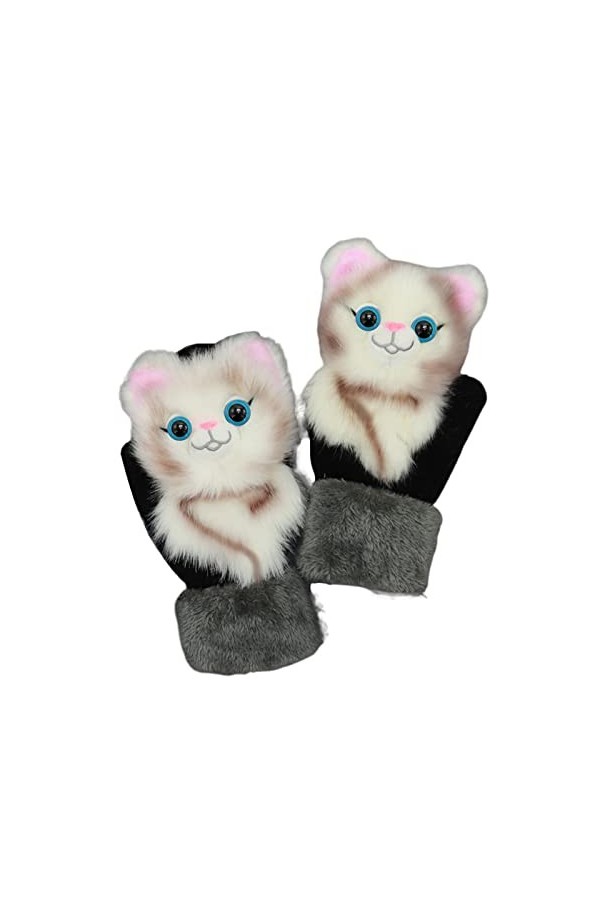 Tuelaly 1 paire de gants épais pour femme, motif animal de dessin animé 3D, gants chauds, doublés en polaire, moufles pour l