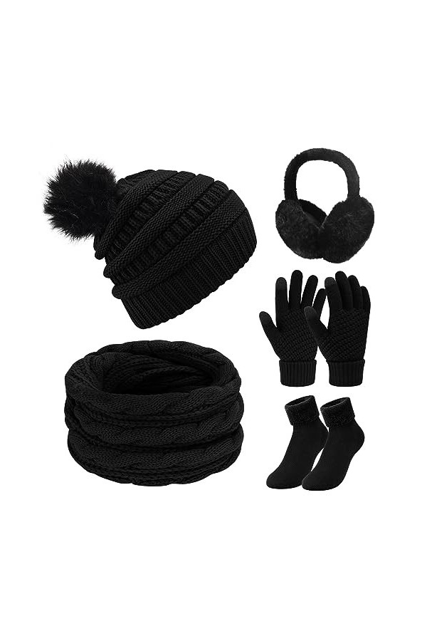 Vijamiy Bonnet Écharpe Gants 5 en 1 Bonnet Hiver Pompon Echarpe Tricotés Gants Tactiles Cache-Oreilles Extensible Chaussettes