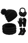 Vijamiy Bonnet Écharpe Gants 5 en 1 Bonnet Hiver Pompon Echarpe Tricotés Gants Tactiles Cache-Oreilles Extensible Chaussettes