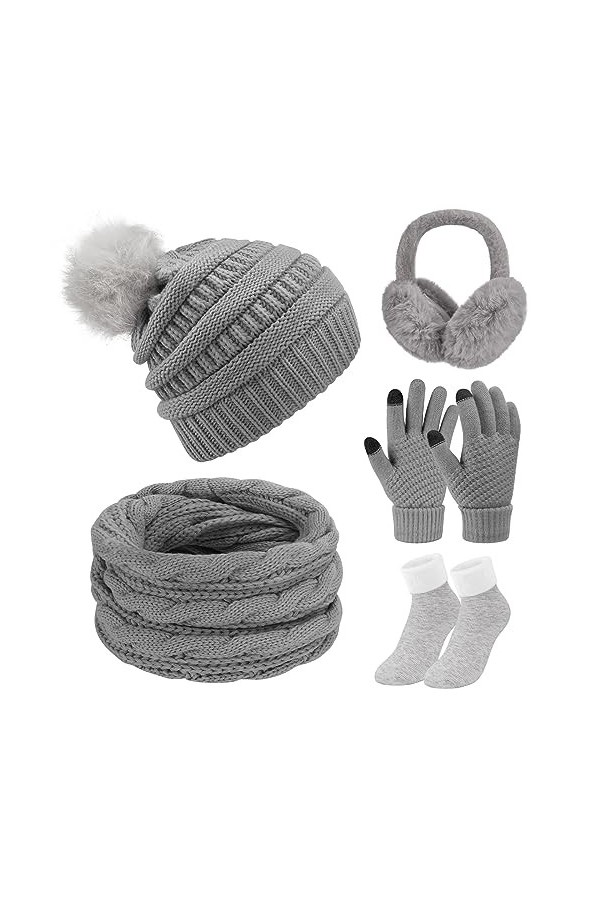 Vijamiy Bonnet Écharpe Gants 5 en 1 Bonnet Hiver Pompon Echarpe Tricotés Gants Tactiles Cache-Oreilles Extensible Chaussettes