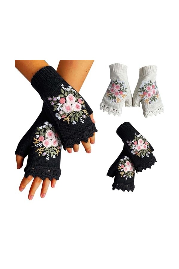 Mitaines tricotées vintage brodées florales pour femmes - Gants dhiver brodés à la main - Pour temps froid, blanc, A