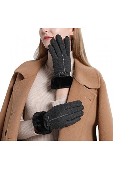 KhG398 Gants chauds résistants au froid pour femme avec nœud pour écran tactile et bouche épaisse Noir Taille unique, Noir , 