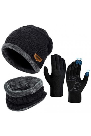 Hiver Bonnet Écharpe Ensemble Gants - Unisex Packs Snood Chapeau Mitaines Écran Tactile Tricot Laine Polaire Hiver Chaud Anti