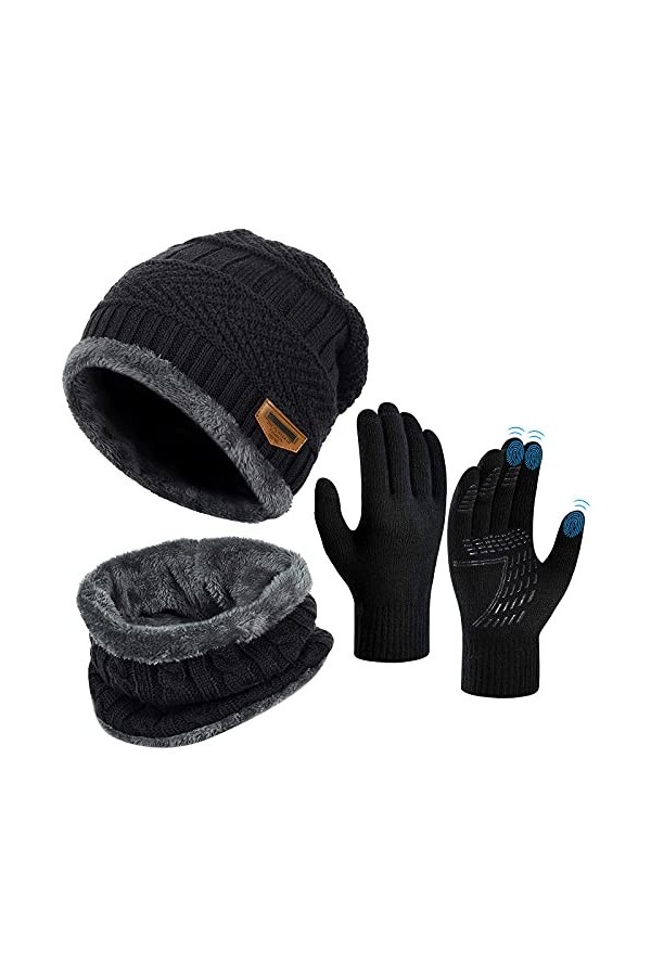 Hiver Bonnet Écharpe Ensemble Gants - Unisex Packs Snood Chapeau Mitaines Écran Tactile Tricot Laine Polaire Hiver Chaud Anti