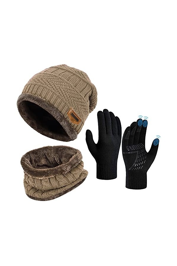 Hiver Bonnet Écharpe Ensemble Gants - Unisex Packs Snood Chapeau Mitaines Écran Tactile Tricot Laine Polaire Hiver Chaud Anti