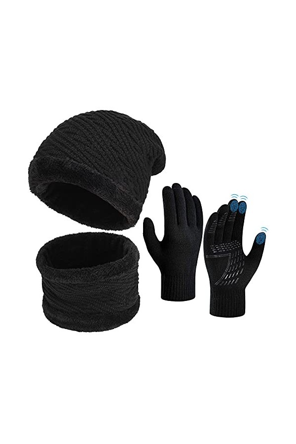 Hiver Bonnet Écharpe Ensemble Gants - Unisex Packs Snood Chapeau Mitaines Écran Tactile Tricot Laine Polaire Hiver Chaud Anti
