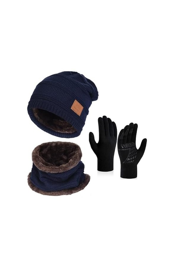 Hiver Bonnet Écharpe Ensemble Gants - Unisex Packs Snood Chapeau Mitaines Écran Tactile Tricot Laine Polaire Hiver Chaud Anti