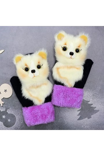 Tuelaly 1 paire de gants épais pour femme, motif animal de dessin animé 3D, gants chauds, doublés en polaire, moufles pour l