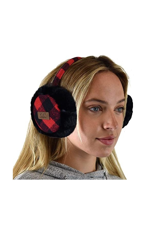 C.C Cache-oreilles doux et chaud pour lhiver, Plaid rouge/noir., taille unique