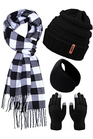 Aneco Ensemble dhiver chaud en tricot avec écharpe, bonnet, bonnet, gants pour écran tactile et cache-oreilles pour homme ou