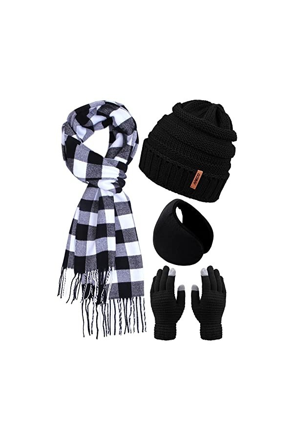 Aneco Ensemble dhiver chaud en tricot avec écharpe, bonnet, bonnet, gants pour écran tactile et cache-oreilles pour homme ou