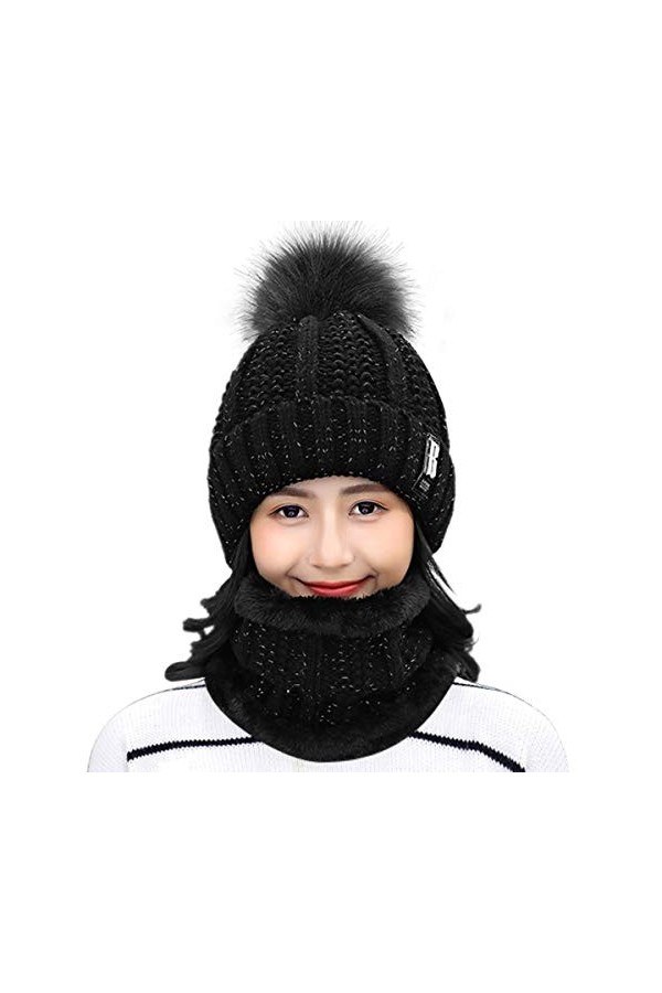 HIDARLING Ensemble bonnet dhiver et écharpe circulaire pour femme, bonnet tricoté chaud avec pompon en fausse fourrure et do