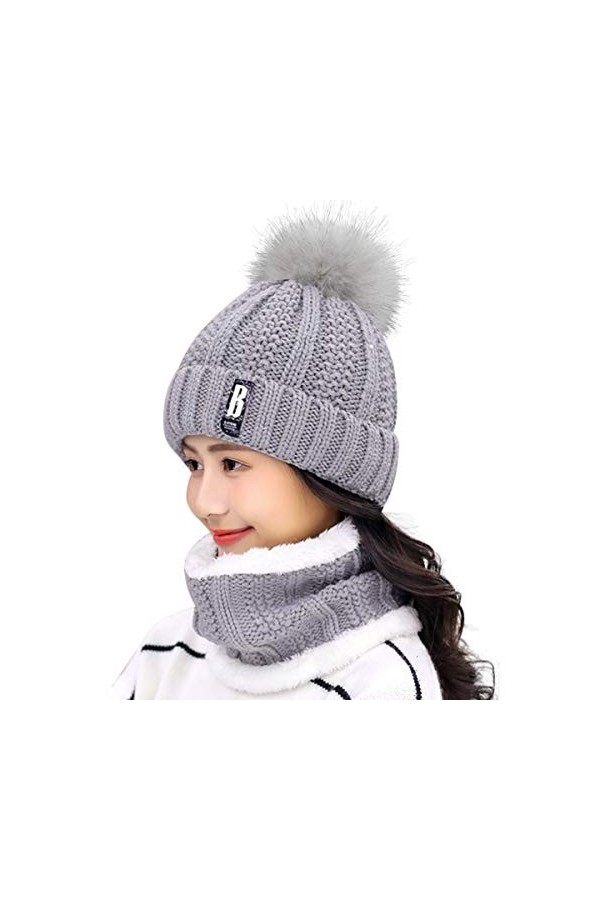 HIDARLING Ensemble bonnet dhiver et écharpe circulaire pour femme, bonnet tricoté chaud avec pompon en fausse fourrure et do
