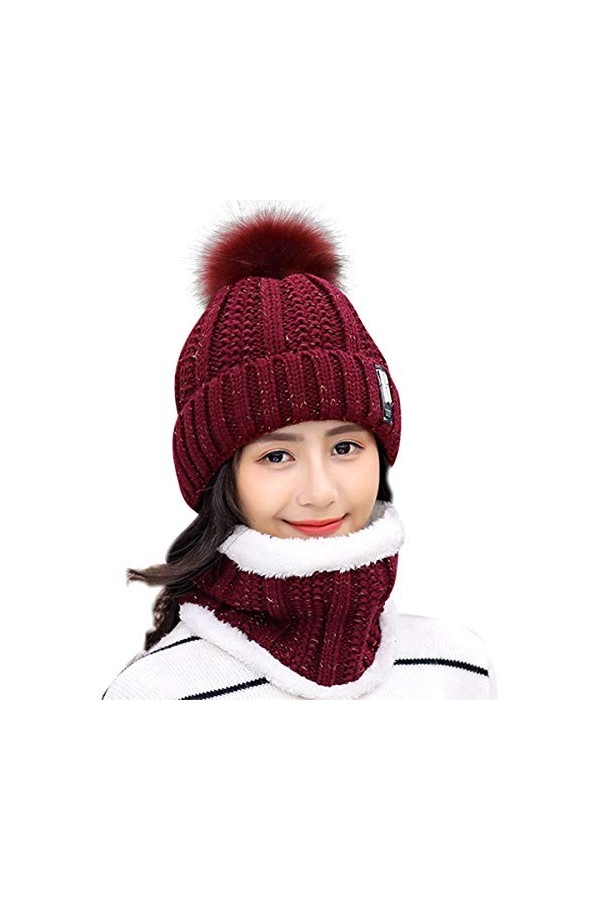 HIDARLING Ensemble bonnet dhiver et écharpe circulaire pour femme, bonnet tricoté chaud avec pompon en fausse fourrure et do
