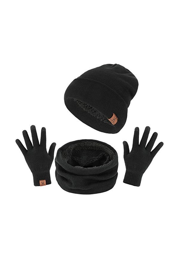 TAGVO Tricotés Ensemble dhiver Bonnet écharpe gants décran tactile 3 en 1, doublure molleton doux Bonnet tricoté chaud cach