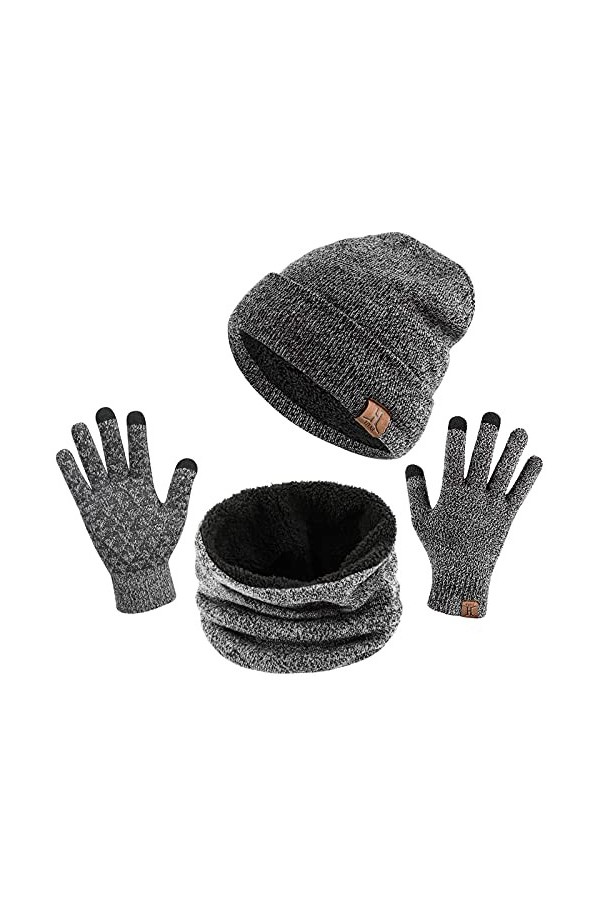 TAGVO Tricotés Ensemble dhiver Bonnet écharpe gants décran tactile 3 en 1, doublure molleton doux Bonnet tricoté chaud cach