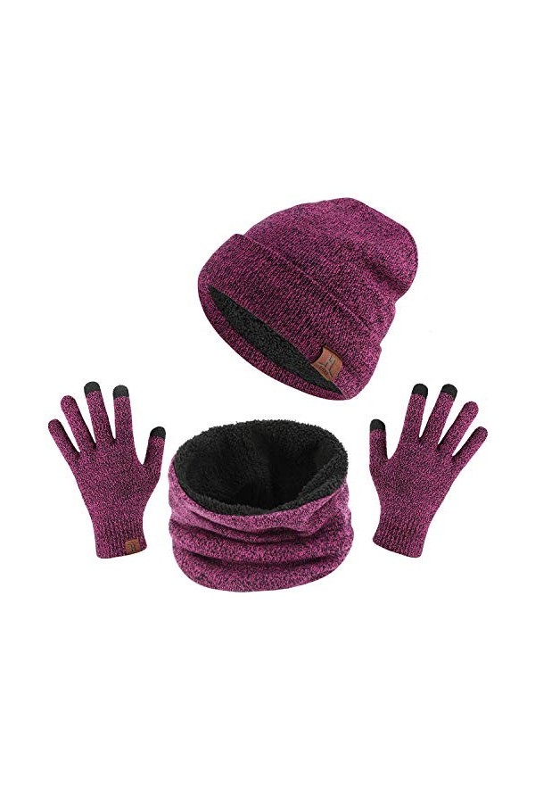 TAGVO Tricotés Ensemble dhiver Bonnet écharpe gants décran tactile 3 en 1, doublure molleton doux Bonnet tricoté chaud cach