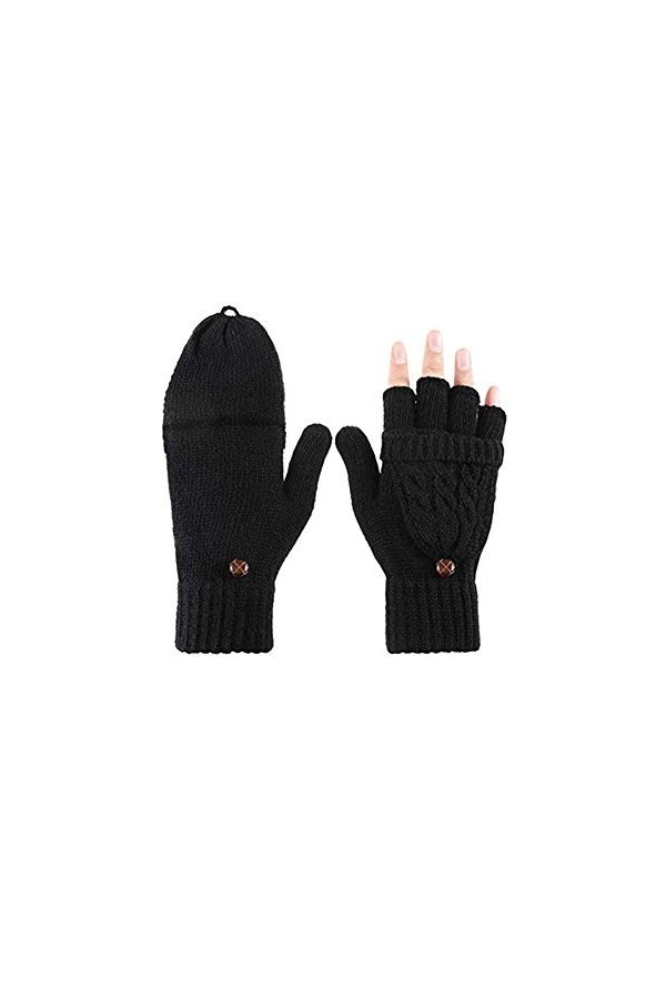 Bkrdty Hiver Chauds Tricoté Gants Femmes Demi-Doigts Mitaine Convertible Gants sans Doigt avec Couverture de Pouce Boutonnée 