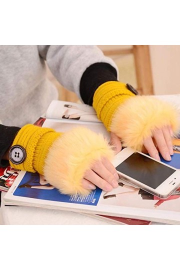 LAGEDOUDING Gants dhiver Femme Mitaines Sans Doigts Pompon Fausse Fourrure Poignet Moufles Tricot Patchwork Guantes Peluche 