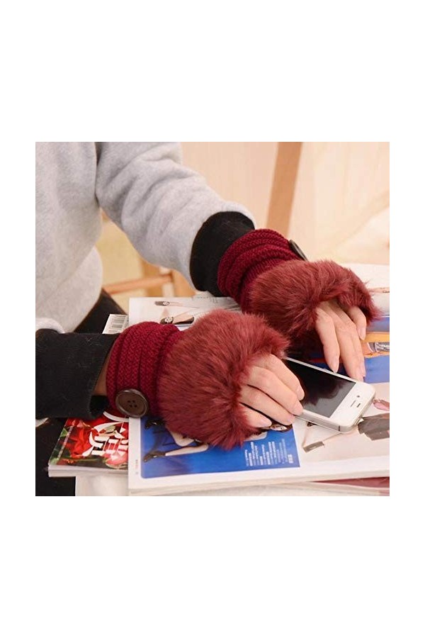 LAGEDOUDING Gants dhiver Femme Mitaines Sans Doigts Pompon Fausse Fourrure Poignet Moufles Tricot Patchwork Guantes Peluche 