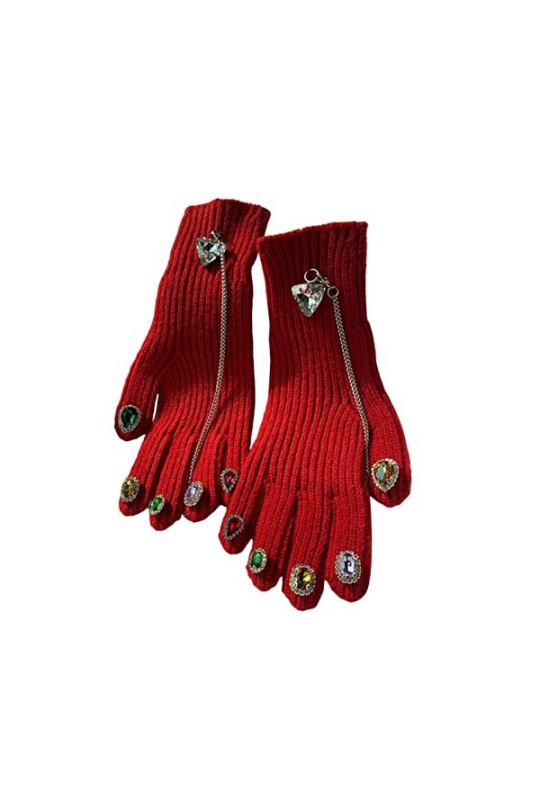 Altsuceser Gants dhiver tricotés pour femmes, tous les doigts avec chaîne à strass, décoration décran tactile, moufles chau