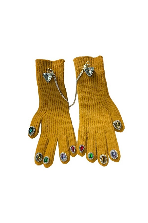 Altsuceser Gants dhiver tricotés pour femmes, tous les doigts avec chaîne à strass, décoration décran tactile, moufles chau