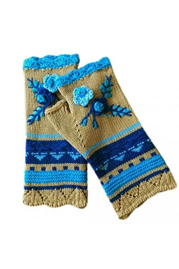 WUXIAOLINDADALA Femmes Hiver Tricot Gants sans Doigts Multicolore Crochet Floral Trou Moufles Bleu