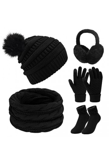 Xnova Ensemble Bonnet Écharpe Gant Femme 5 en 1 Cache-Oreilles Chaussettes, Tricotés Gants Tactiles à 2 Doigts, Hiver Chaud C