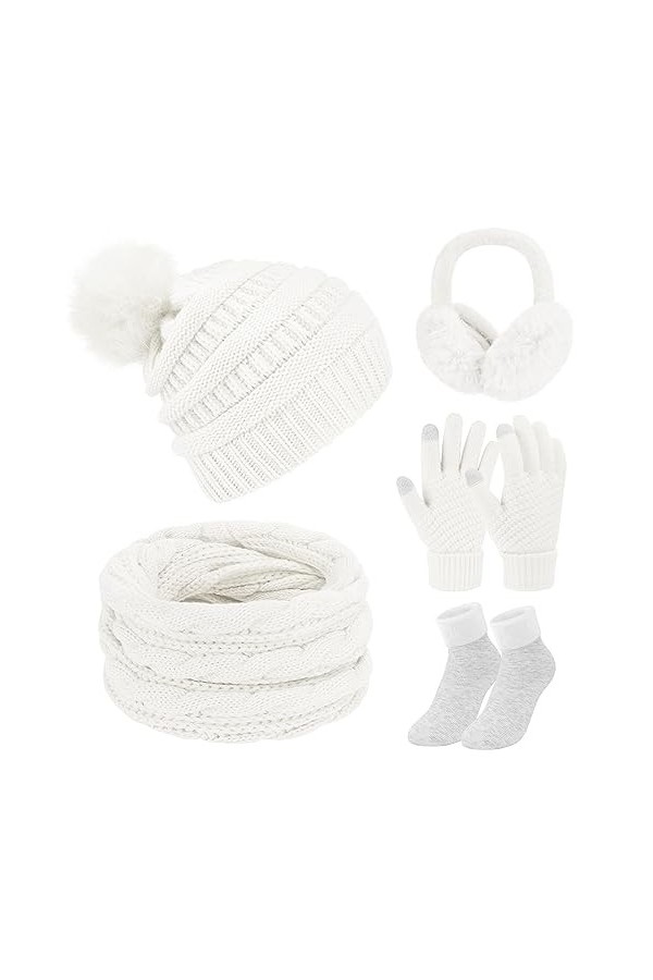 Xnova Ensemble Bonnet Écharpe Gant Femme 5 en 1 Cache-Oreilles Chaussettes, Tricotés Gants Tactiles à 2 Doigts, Hiver Chaud C