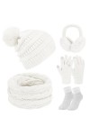 Xnova Ensemble Bonnet Écharpe Gant Femme 5 en 1 Cache-Oreilles Chaussettes, Tricotés Gants Tactiles à 2 Doigts, Hiver Chaud C