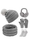 Xnova Ensemble Bonnet Écharpe Gant Femme 5 en 1 Cache-Oreilles Chaussettes, Tricotés Gants Tactiles à 2 Doigts, Hiver Chaud C