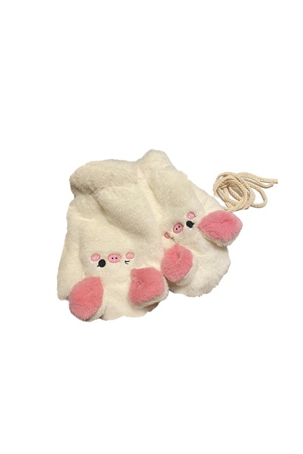 Eiudxue Gants en peluche épais avec corde, motif petit porcelet, gants dhiver chauds