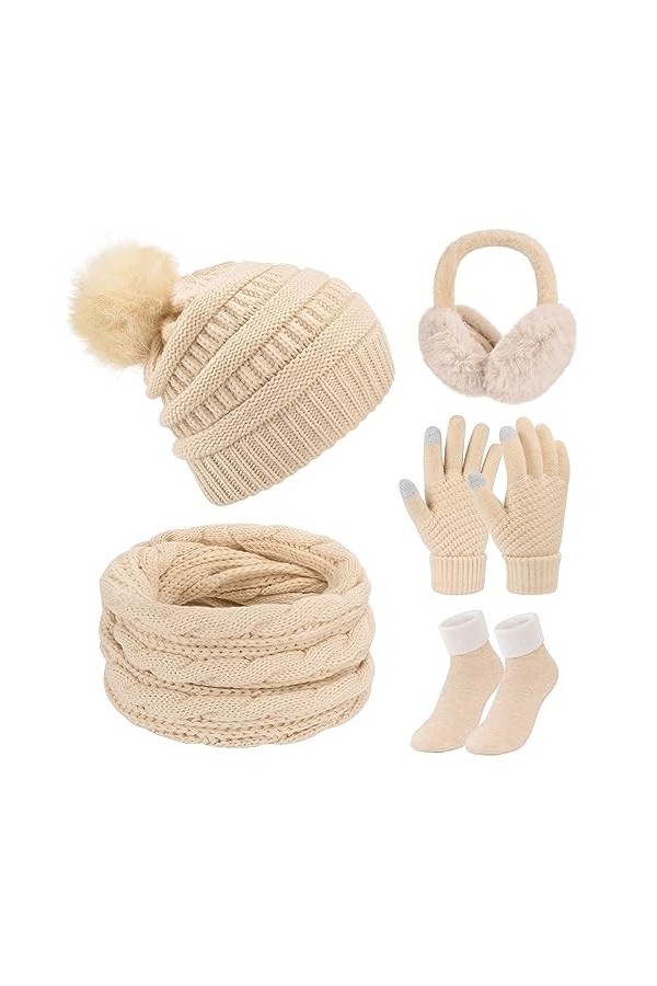 Xnova Ensemble Bonnet Écharpe Gant Femme 5 en 1 Cache-Oreilles Chaussettes, Tricotés Gants Tactiles à 2 Doigts, Hiver Chaud C