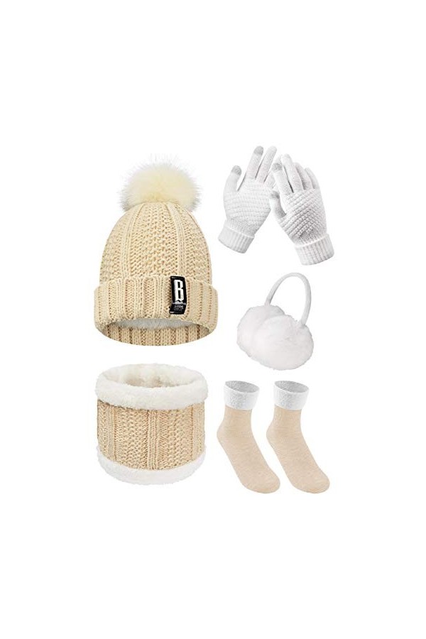 Voqeen Bonnet Femme Hiver, écharpes, Cache-oreilles, Gants, Chaussettes, Accessoires Chauds Vêtements de Ski en Plein Air Pou