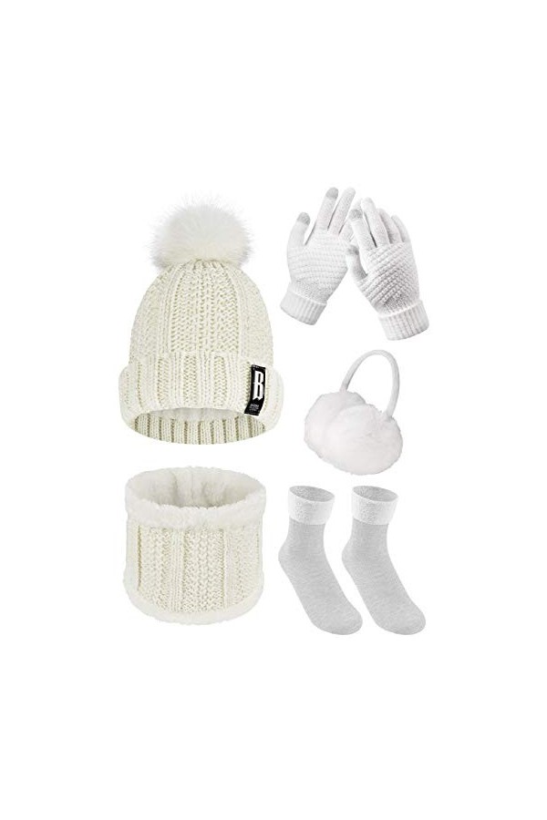 Voqeen Bonnet Femme Hiver, écharpes, Cache-oreilles, Gants, Chaussettes, Accessoires Chauds Vêtements de Ski en Plein Air Pou