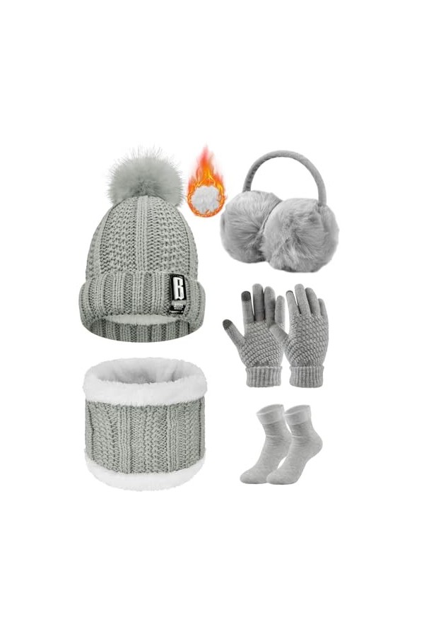 Voqeen 5 Pièces Ensemble de Ski d’Hiver de Femme Tricotés Ensemble dhiver Bonnet Chaude Écharpe Gants en Tricot Cache-Oreill