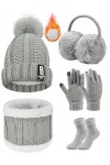Voqeen 5 Pièces Ensemble de Ski d’Hiver de Femme Tricotés Ensemble dhiver Bonnet Chaude Écharpe Gants en Tricot Cache-Oreill