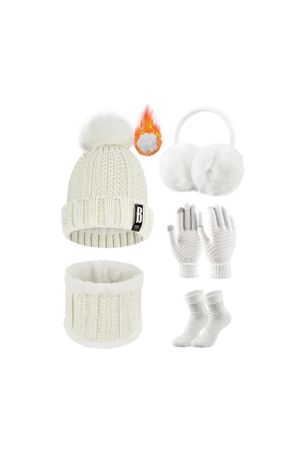 Voqeen 5 Pièces Ensemble de Ski d’Hiver de Femme Tricotés Ensemble dhiver Bonnet Chaude Écharpe Gants en Tricot Cache-Oreill