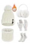 Voqeen 5 Pièces Ensemble de Ski d’Hiver de Femme Tricotés Ensemble dhiver Bonnet Chaude Écharpe Gants en Tricot Cache-Oreill