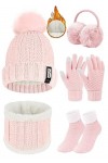 Voqeen 5 Pièces Ensemble de Ski d’Hiver de Femme Tricotés Ensemble dhiver Bonnet Chaude Écharpe Gants en Tricot Cache-Oreill
