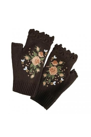 CHENRI Gants chauds brodés, Gants pour femmes, Gants Sans Doigts Tricotés, Gants tricotés à fleurs, Gants Tricotés Hiver Demi