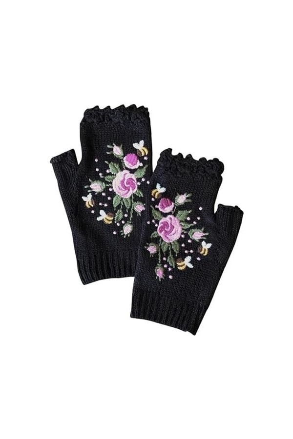 CHENRI Gants chauds brodés, Gants pour femmes, Gants Sans Doigts Tricotés, Gants tricotés à fleurs, Gants Tricotés Hiver Demi