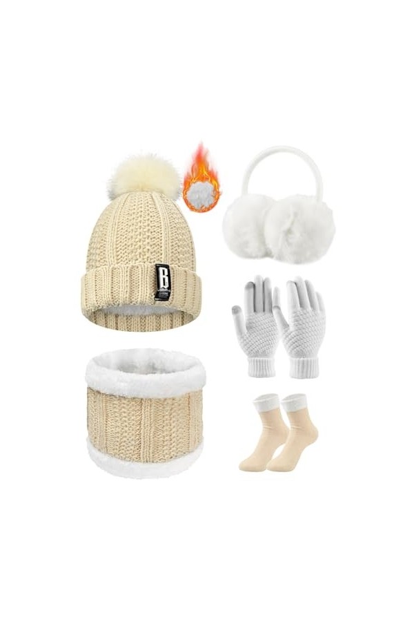 Voqeen 5 Pièces Ensemble de Ski d’Hiver de Femme Tricotés Ensemble dhiver Bonnet Chaude Écharpe Gants en Tricot Cache-Oreill