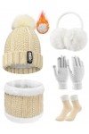 Voqeen 5 Pièces Ensemble de Ski d’Hiver de Femme Tricotés Ensemble dhiver Bonnet Chaude Écharpe Gants en Tricot Cache-Oreill