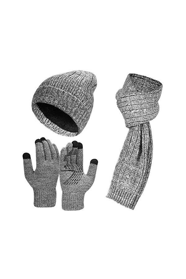 Bonnet Écharpe Gants Hiver Ensemble - Unisex Packs Tactile Gant Chaud Douce Foulard Chic Thermique Epaisse Tricote Double Pol