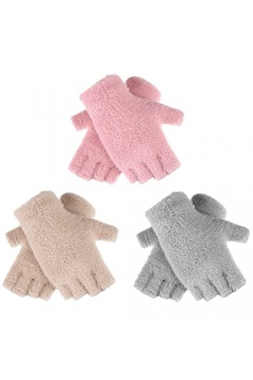 Geyoga 3 Paires Gants sans Doigts en Fausse Fourrure de Vison pour Femmes Gants dHiver en Tricot à Demi-Doigts Extensibles