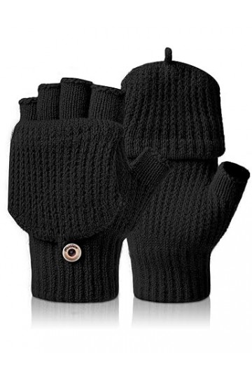 Kiiwah Gants dhiver Mitaine Gants Demi-doigts en Tricot Gants avec Couverture pour Femme Homme Noir Torsadé 